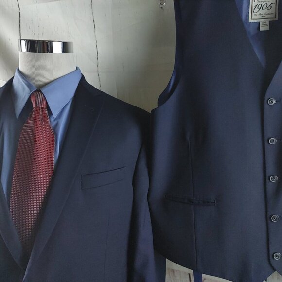 Jos A Bank 1905 The New Tradition Slim Fit 46R Wool Blue 2pc Suit Jacket & Vest - Picture 2 of 15